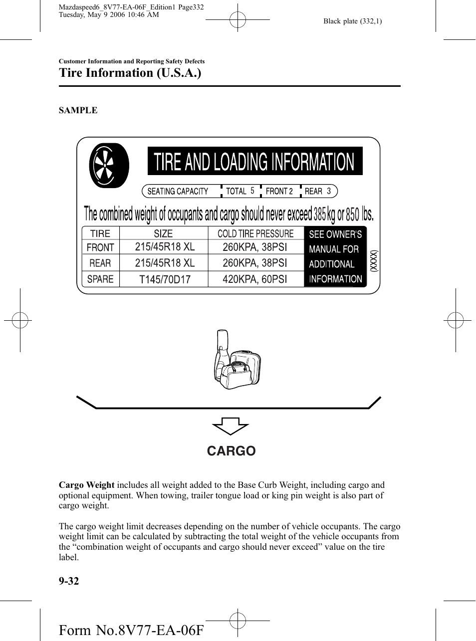 Cargo, Tire information (u.s.a.) | Mazda 2007 SPEED6 User Manual | Page 333 / 413