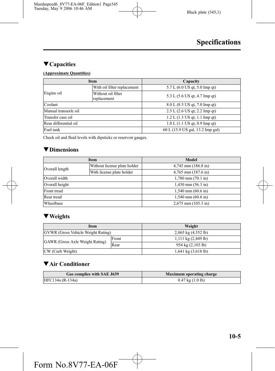 Specifications, Qcapacities, Qdimensions | Qweights, Qair conditioner | Mazda 2007 SPEED6 User Manual | Page 346 / 413