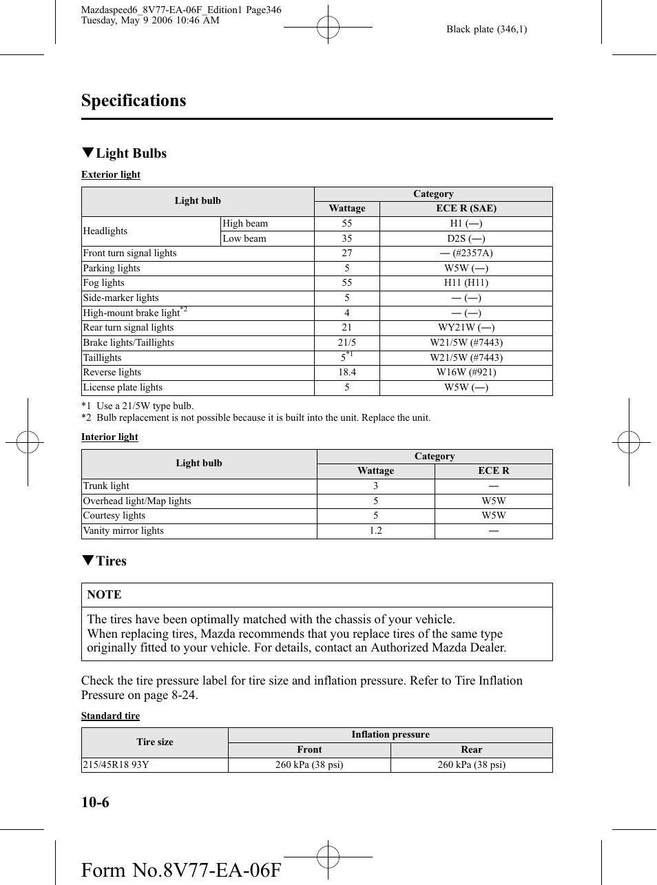 Specifications, Qlight bulbs, Qtires | Mazda 2007 SPEED6 User Manual | Page 347 / 413