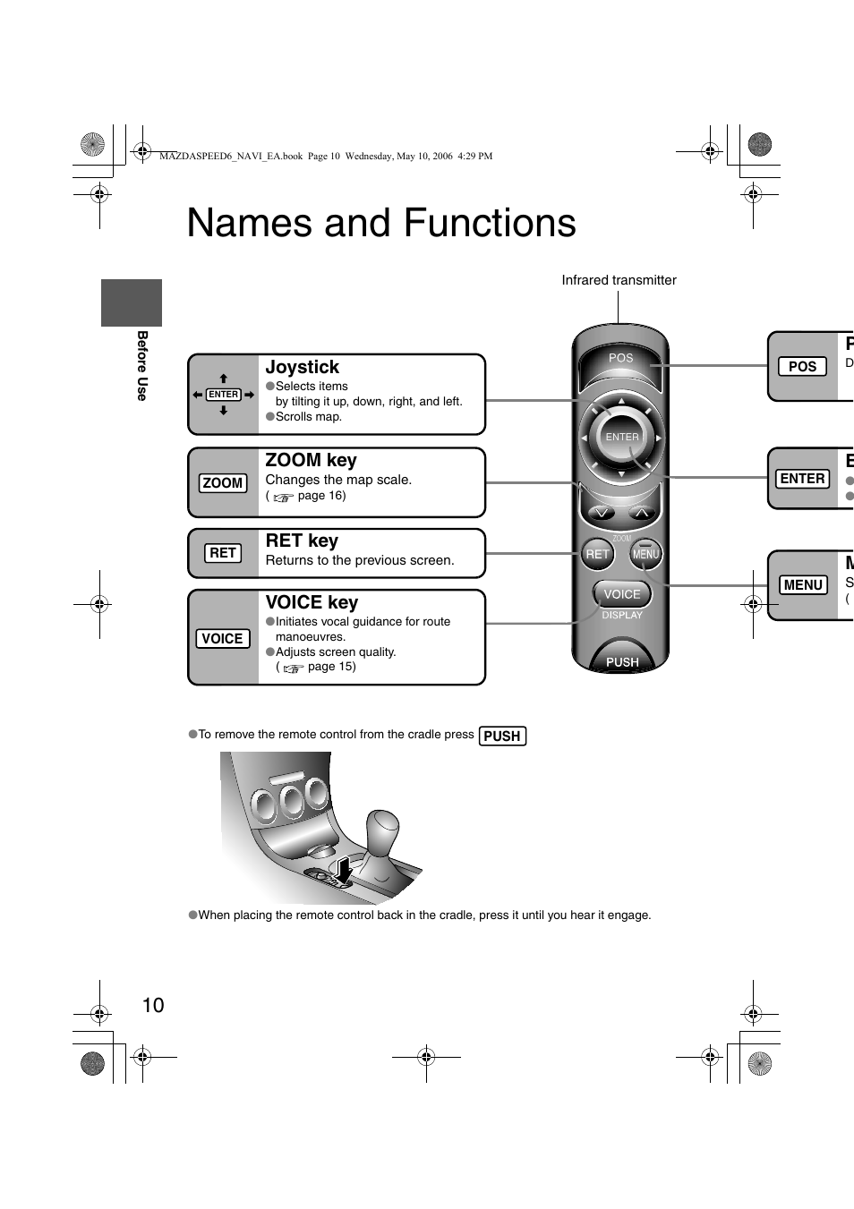 Names and functions, Joystick, Zoom key | Ret key, Voice key | Mazda 2007 SPEED6 User Manual | Page 367 / 413