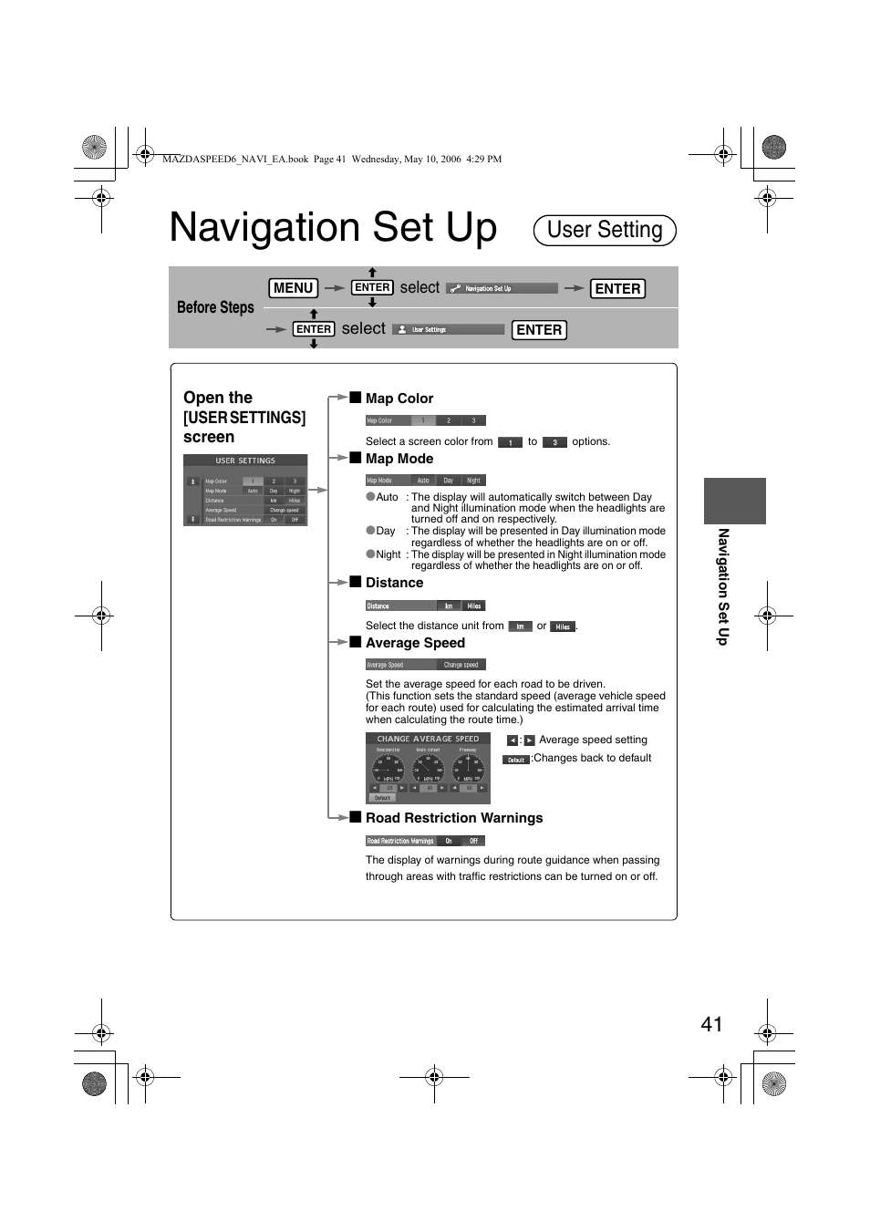 Navigation set up, User setting, Before steps select select | Open the [user settings] screen n | Mazda 2007 SPEED6 User Manual | Page 398 / 413