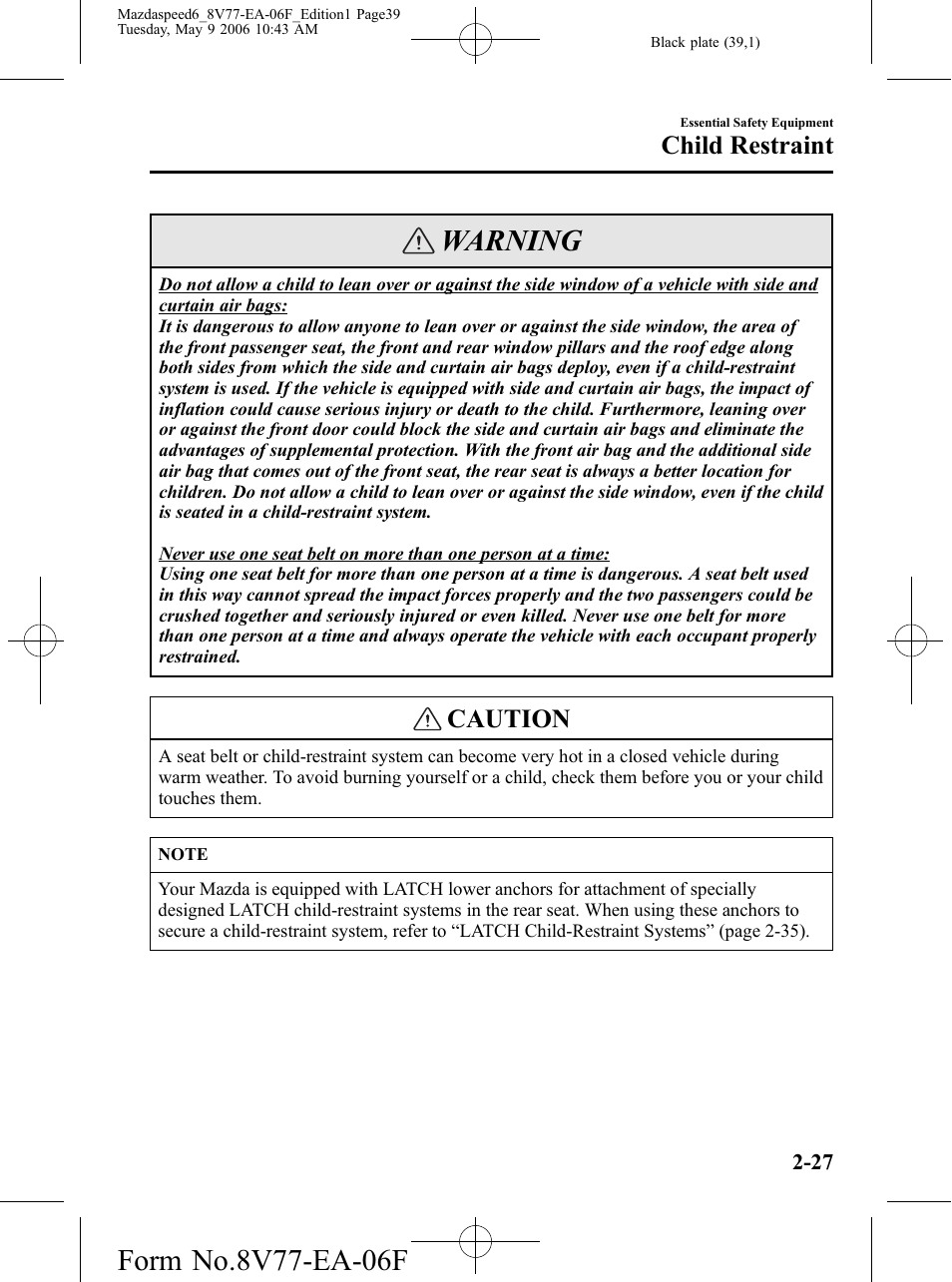 Warning, Caution, Child restraint | Mazda 2007 SPEED6 User Manual | Page 40 / 413