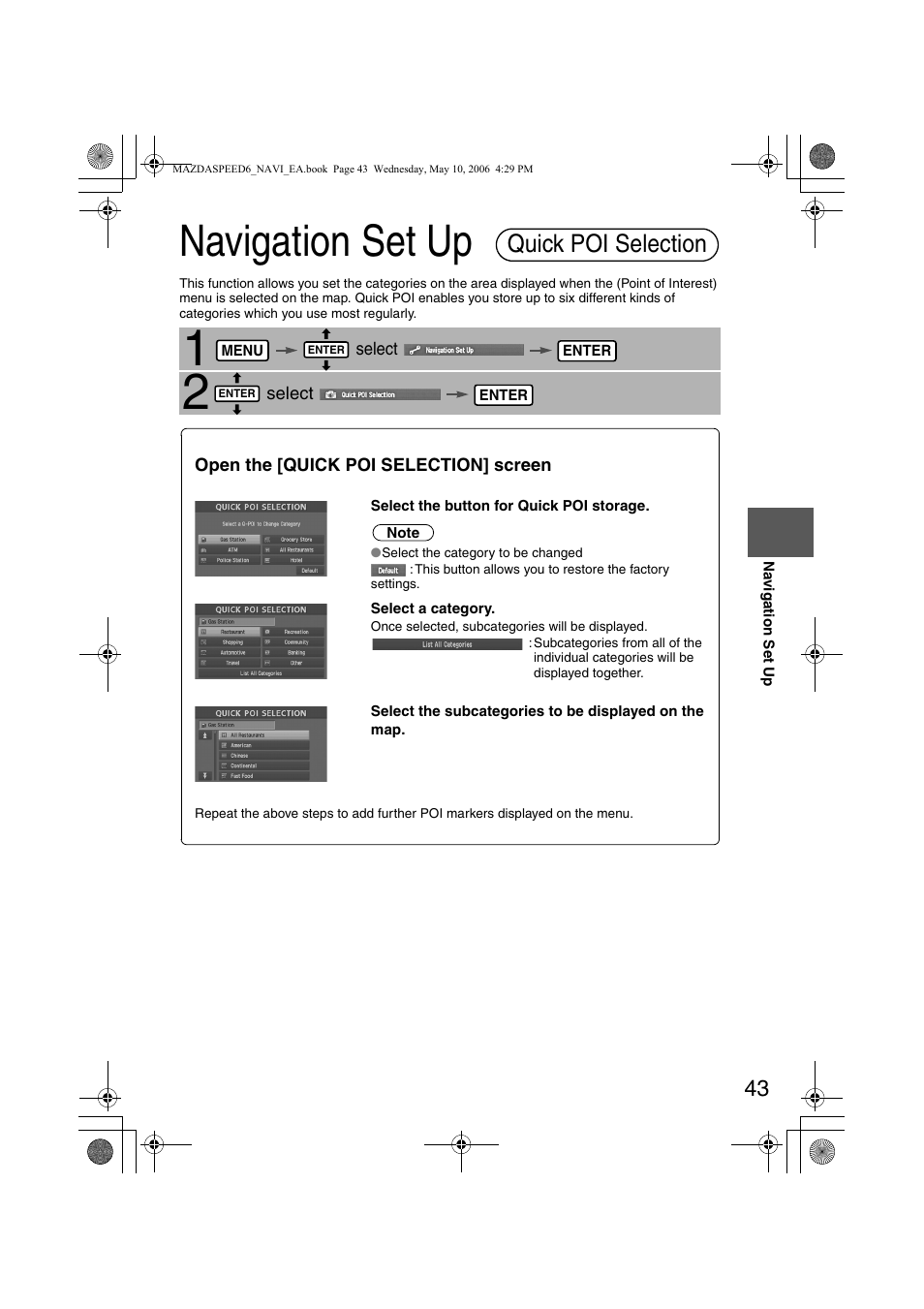 Navigation set up, Quick poi selection | Mazda 2007 SPEED6 User Manual | Page 400 / 413