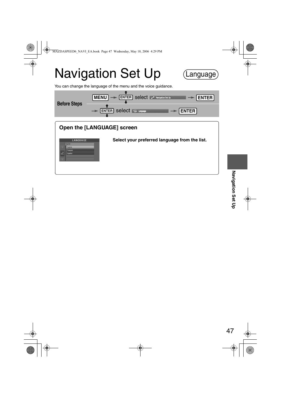 Navigation set up, Language | Mazda 2007 SPEED6 User Manual | Page 404 / 413