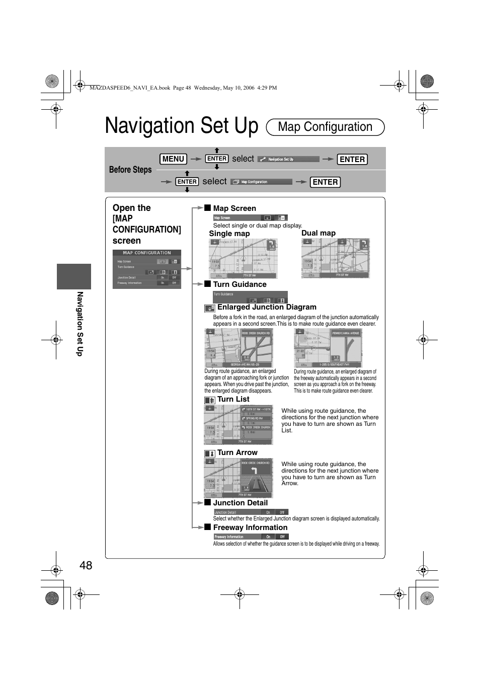 Navigation set up, Map configuration, Before steps select select | Open the [map configuration] screen n | Mazda 2007 SPEED6 User Manual | Page 405 / 413