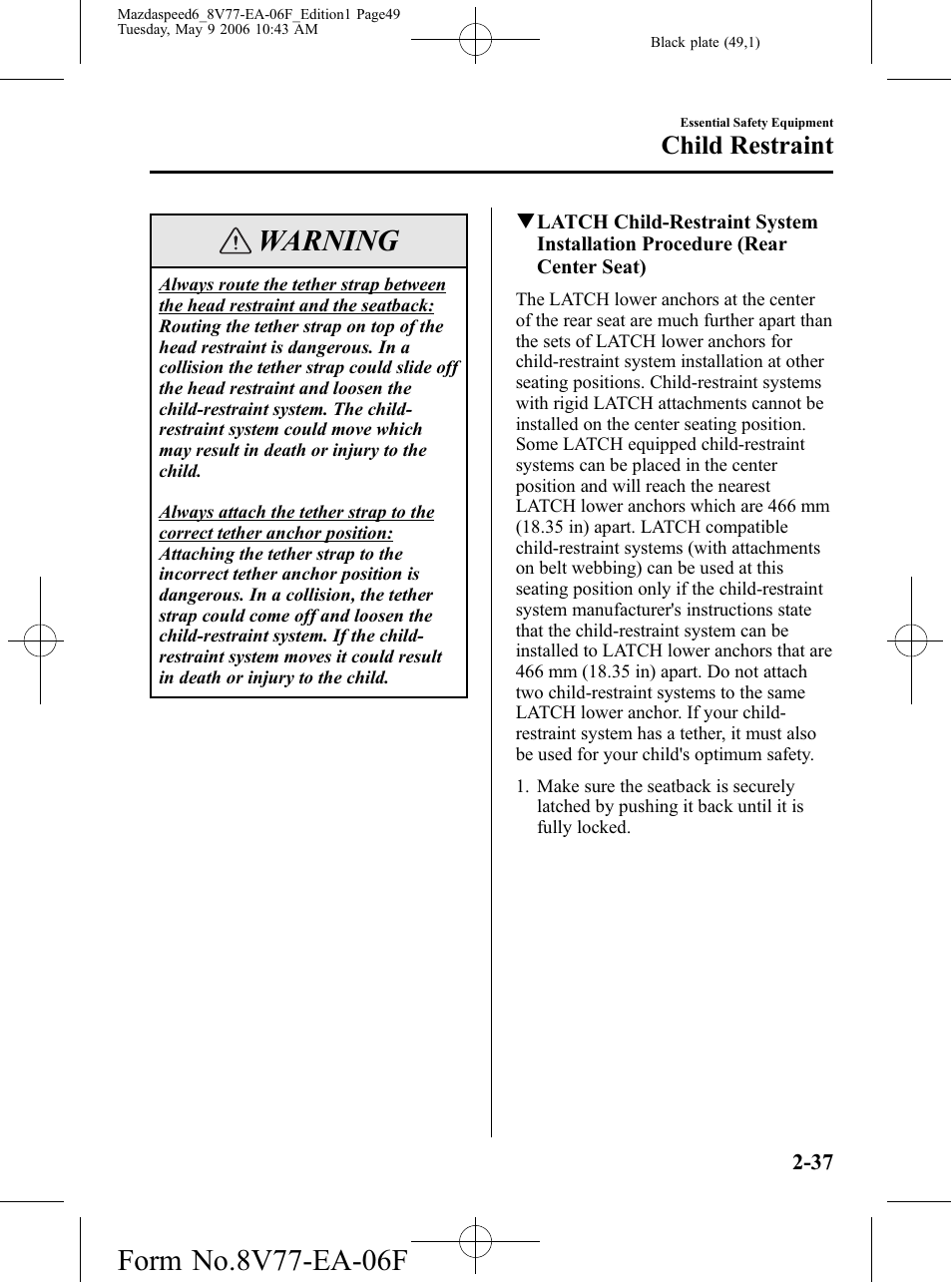 Warning, Child restraint | Mazda 2007 SPEED6 User Manual | Page 50 / 413