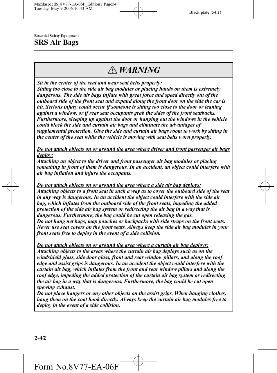 Warning, Srs air bags | Mazda 2007 SPEED6 User Manual | Page 55 / 413