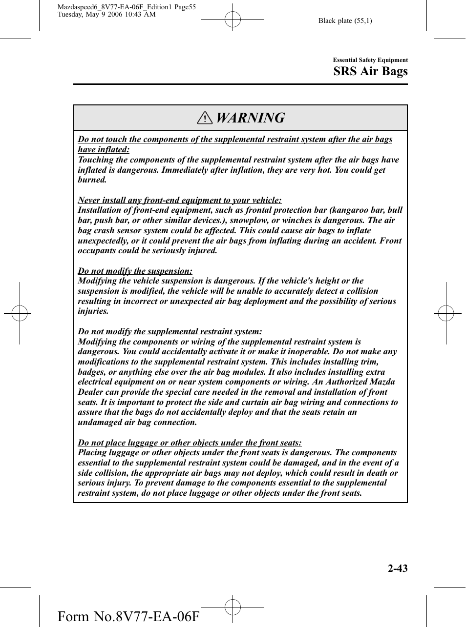 Warning, Srs air bags | Mazda 2007 SPEED6 User Manual | Page 56 / 413