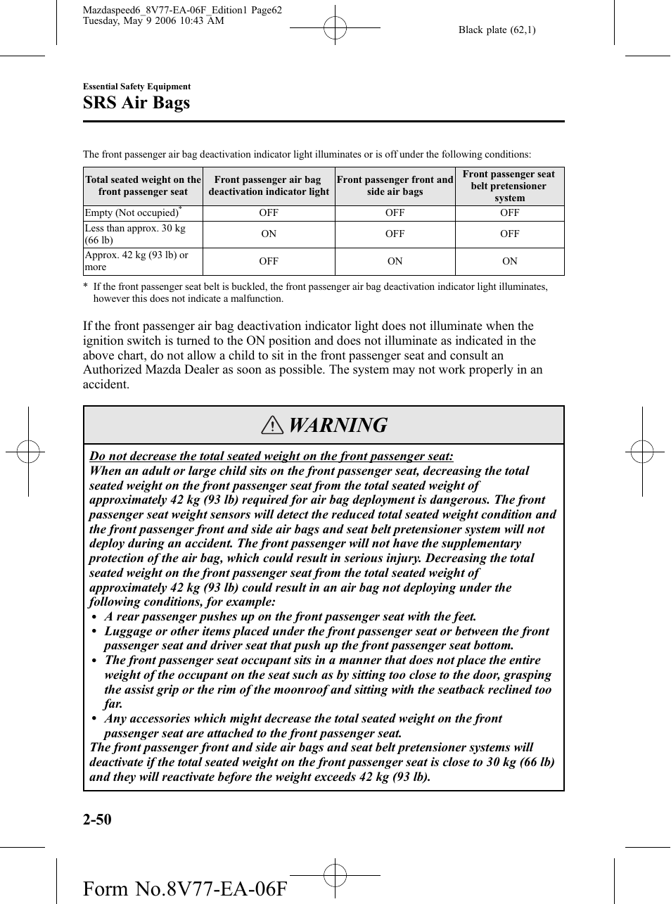 Warning, Srs air bags | Mazda 2007 SPEED6 User Manual | Page 63 / 413