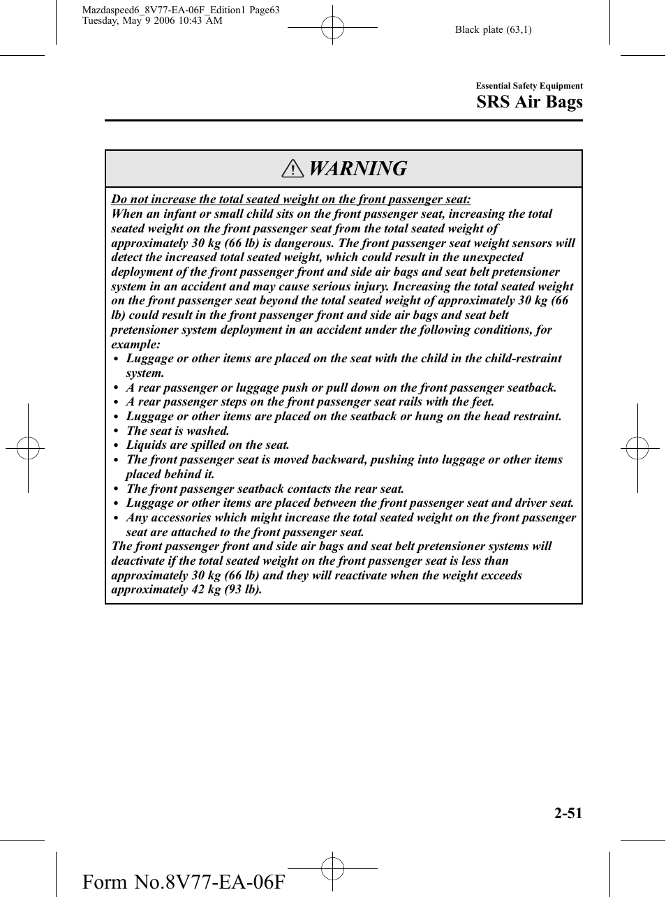 Warning, Srs air bags | Mazda 2007 SPEED6 User Manual | Page 64 / 413