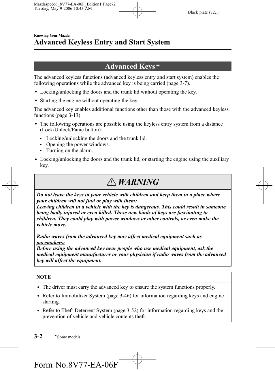 Advanced keyless entry and start system, Advanced keys, Advanced keyless entry and start system -2 | Warning | Mazda 2007 SPEED6 User Manual | Page 73 / 413