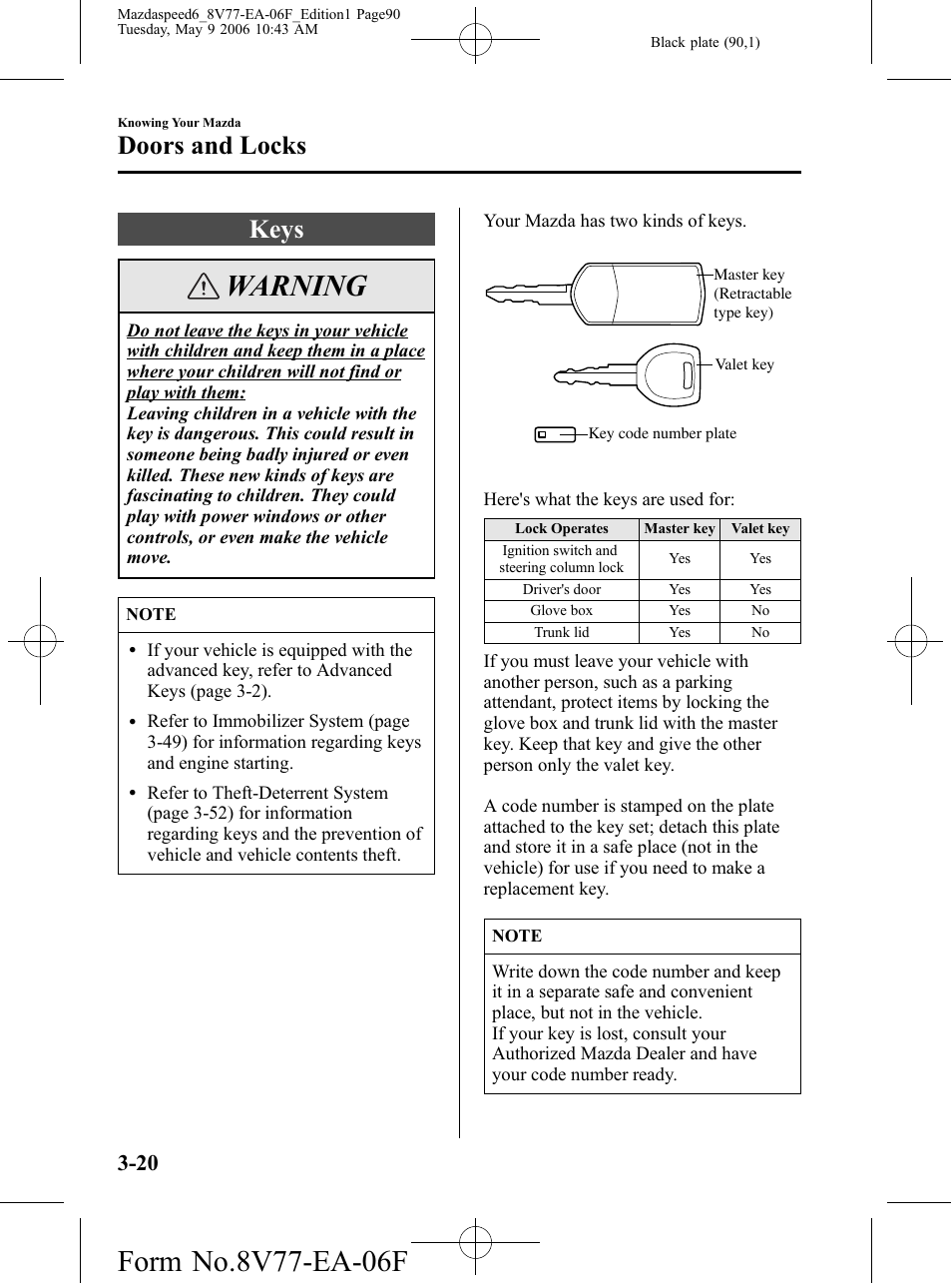 Doors and locks, Keys, Doors and locks -20 | Keys -20, Warning | Mazda 2007 SPEED6 User Manual | Page 91 / 413