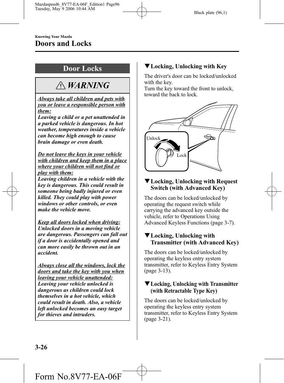 Door locks, Door locks -26, Warning | Doors and locks | Mazda 2007 SPEED6 User Manual | Page 97 / 413