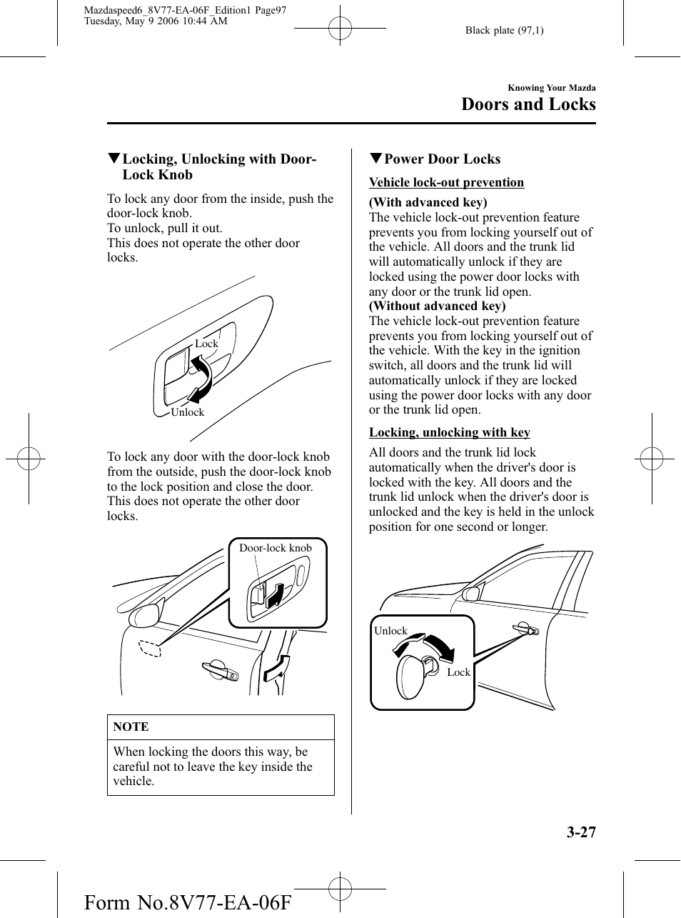 Doors and locks | Mazda 2007 SPEED6 User Manual | Page 98 / 413