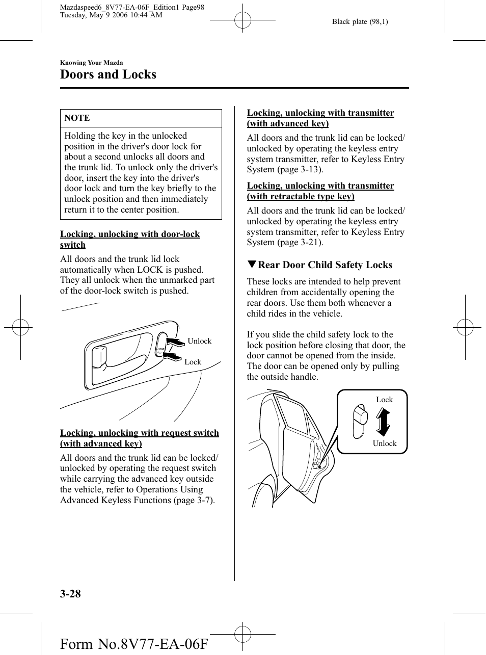 Doors and locks | Mazda 2007 SPEED6 User Manual | Page 99 / 413