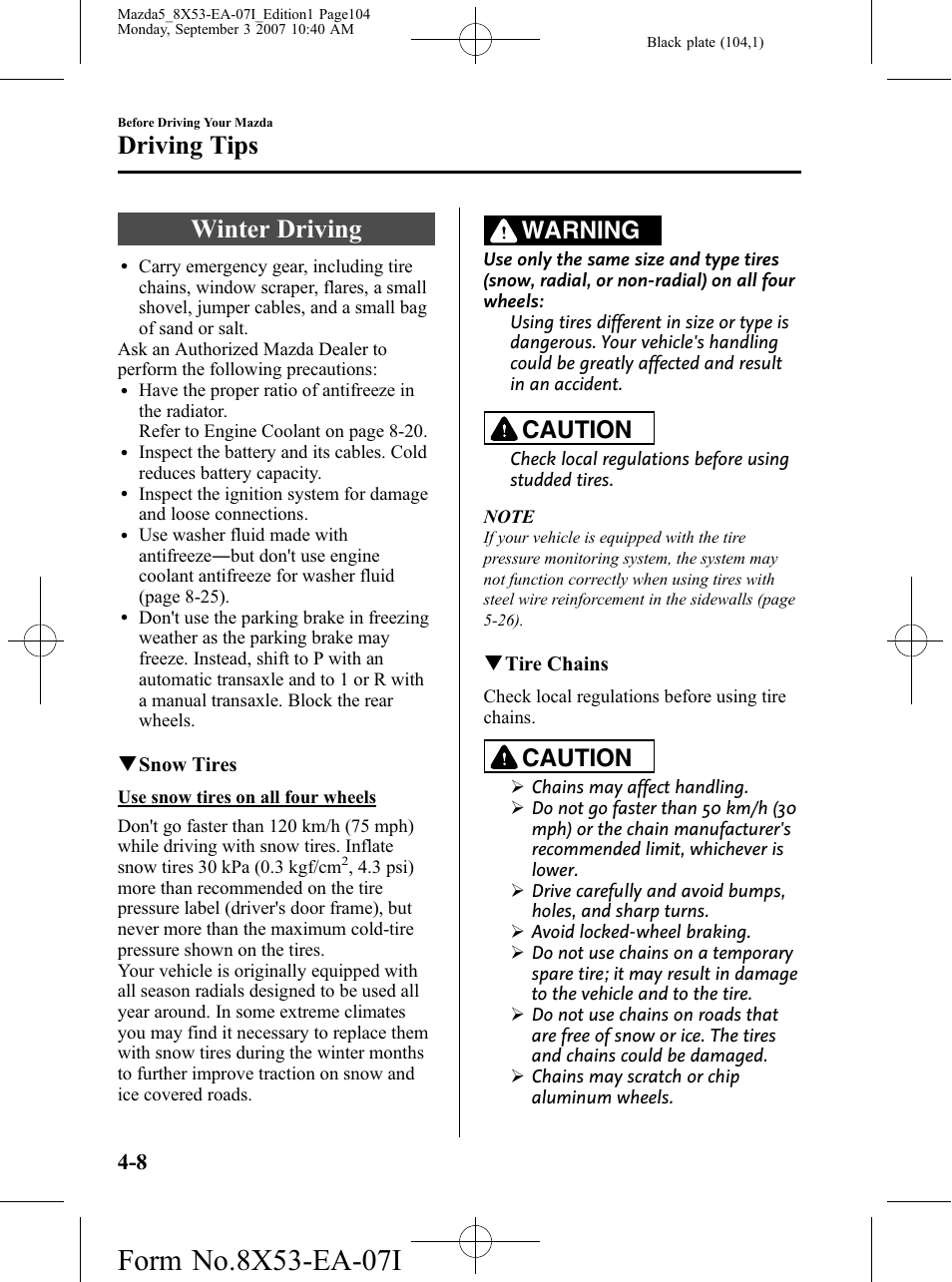 Winter driving, Winter driving -8, Driving tips | Warning, Caution | Mazda 2008 5 User Manual | Page 104 / 376