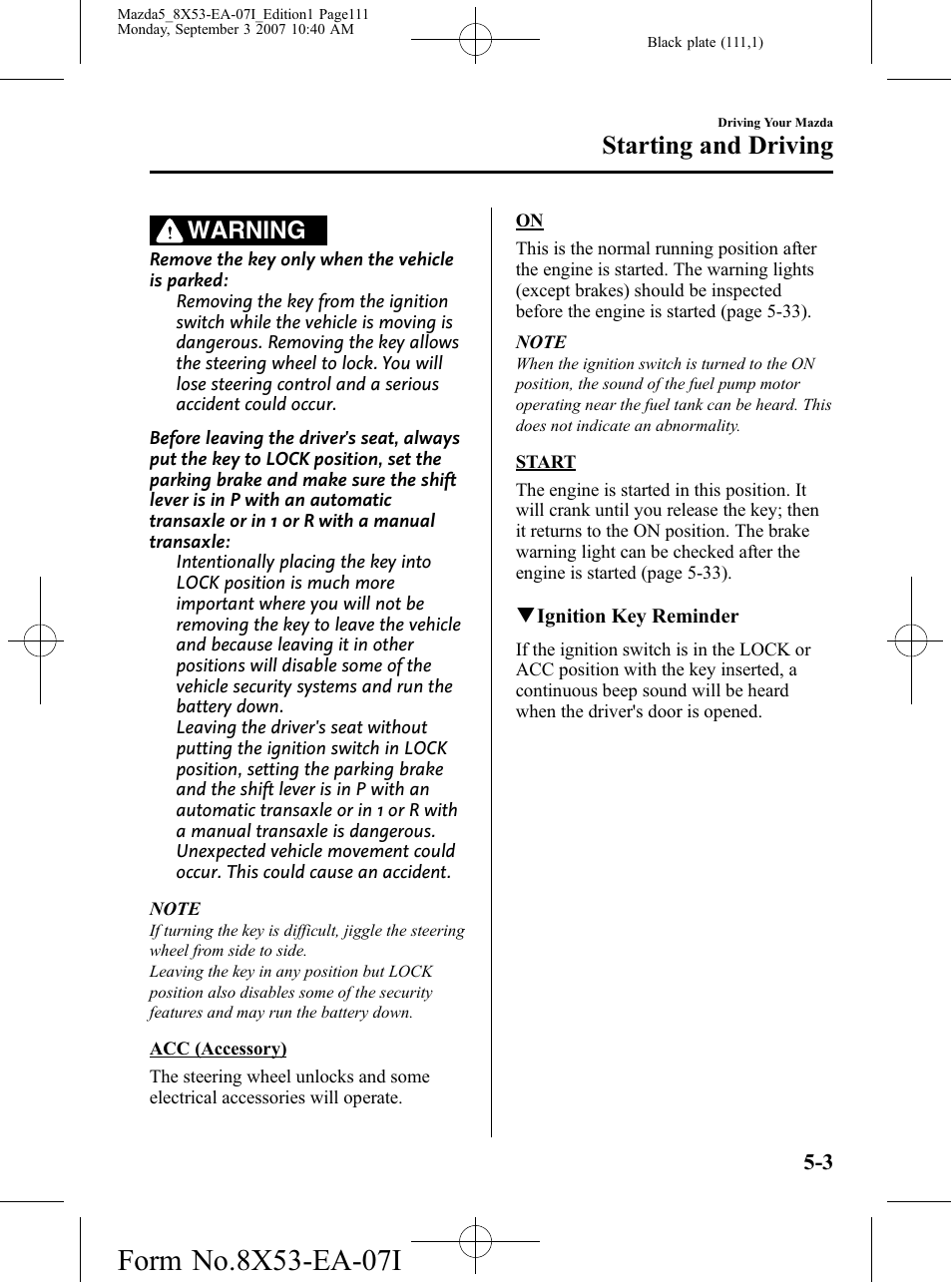 Starting and driving, Warning | Mazda 2008 5 User Manual | Page 111 / 376