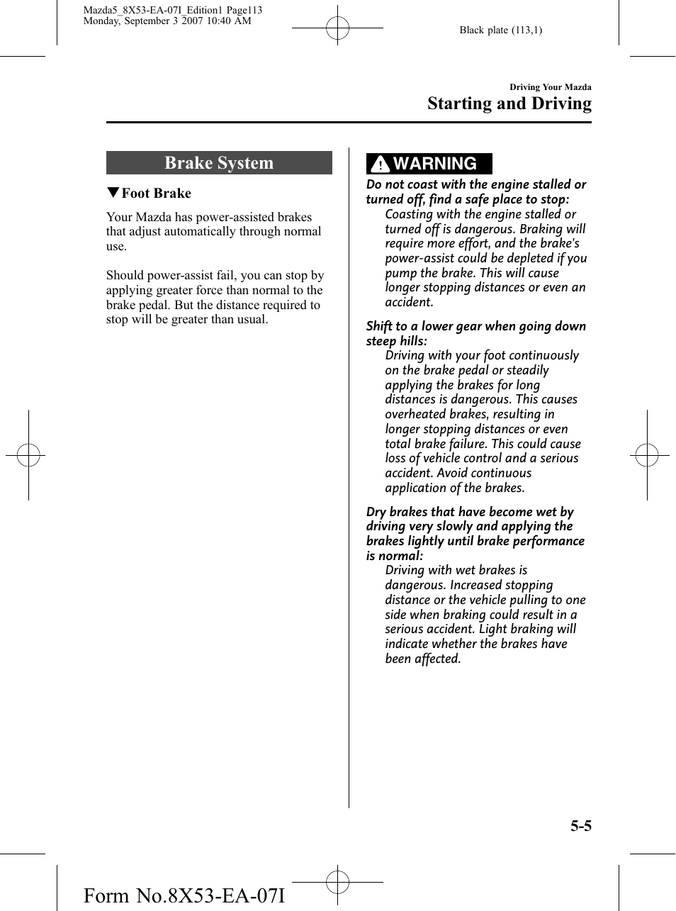 Brake system, Brake system -5, Starting and driving | Warning | Mazda 2008 5 User Manual | Page 113 / 376