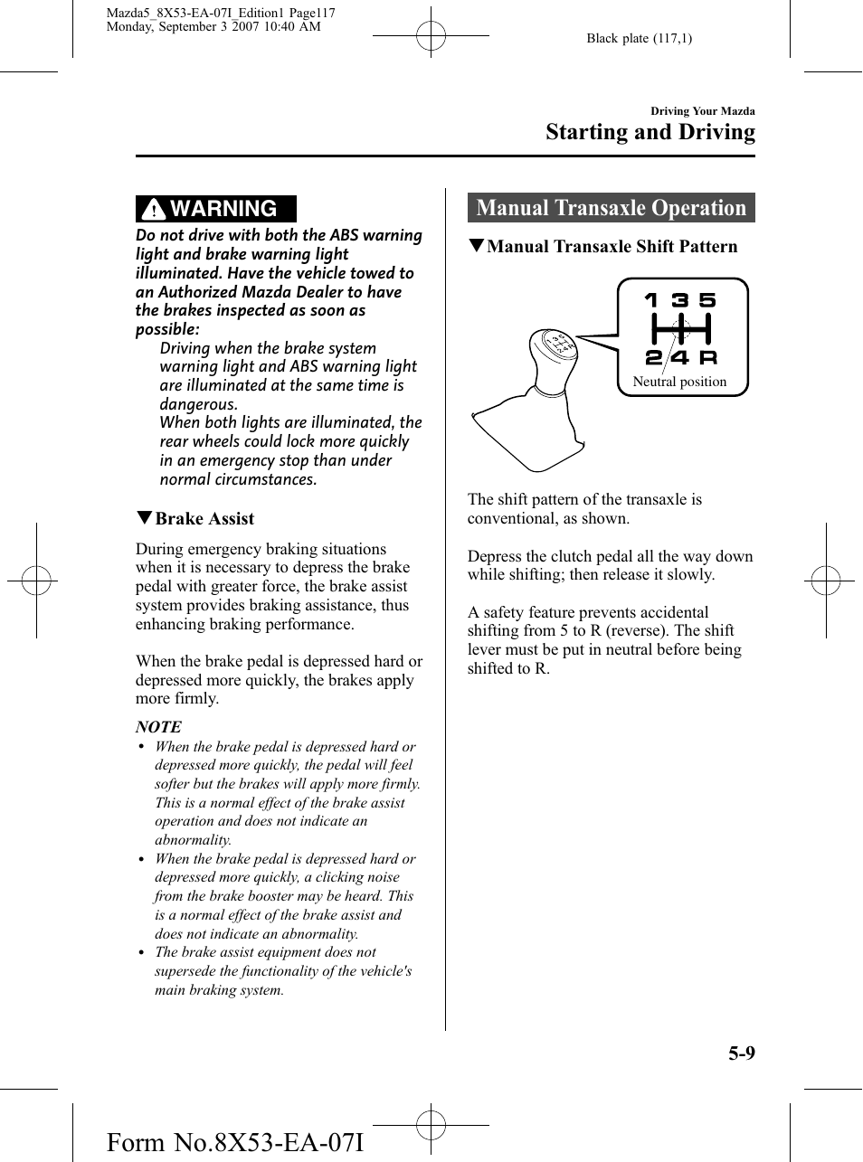 Manual transaxle operation, Manual transaxle operation -9, Starting and driving | Warning | Mazda 2008 5 User Manual | Page 117 / 376