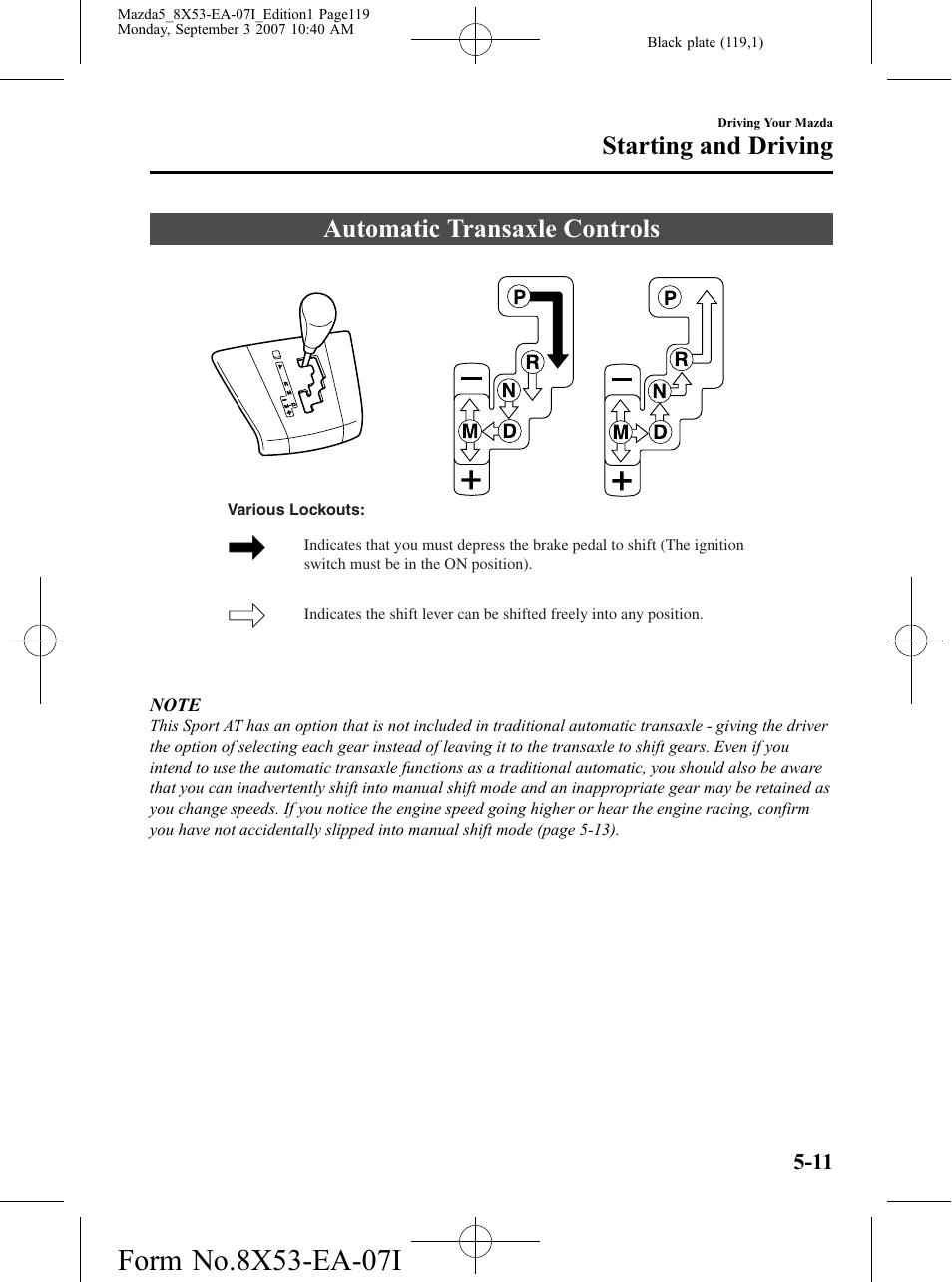 Automatic transaxle controls, Automatic transaxle controls -11, Starting and driving | Mazda 2008 5 User Manual | Page 119 / 376