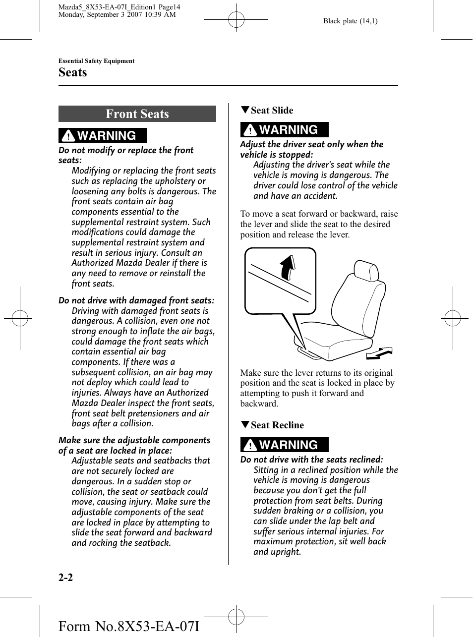 Seats, Front seats, Seats -2 | Front seats -2, Warning | Mazda 2008 5 User Manual | Page 14 / 376