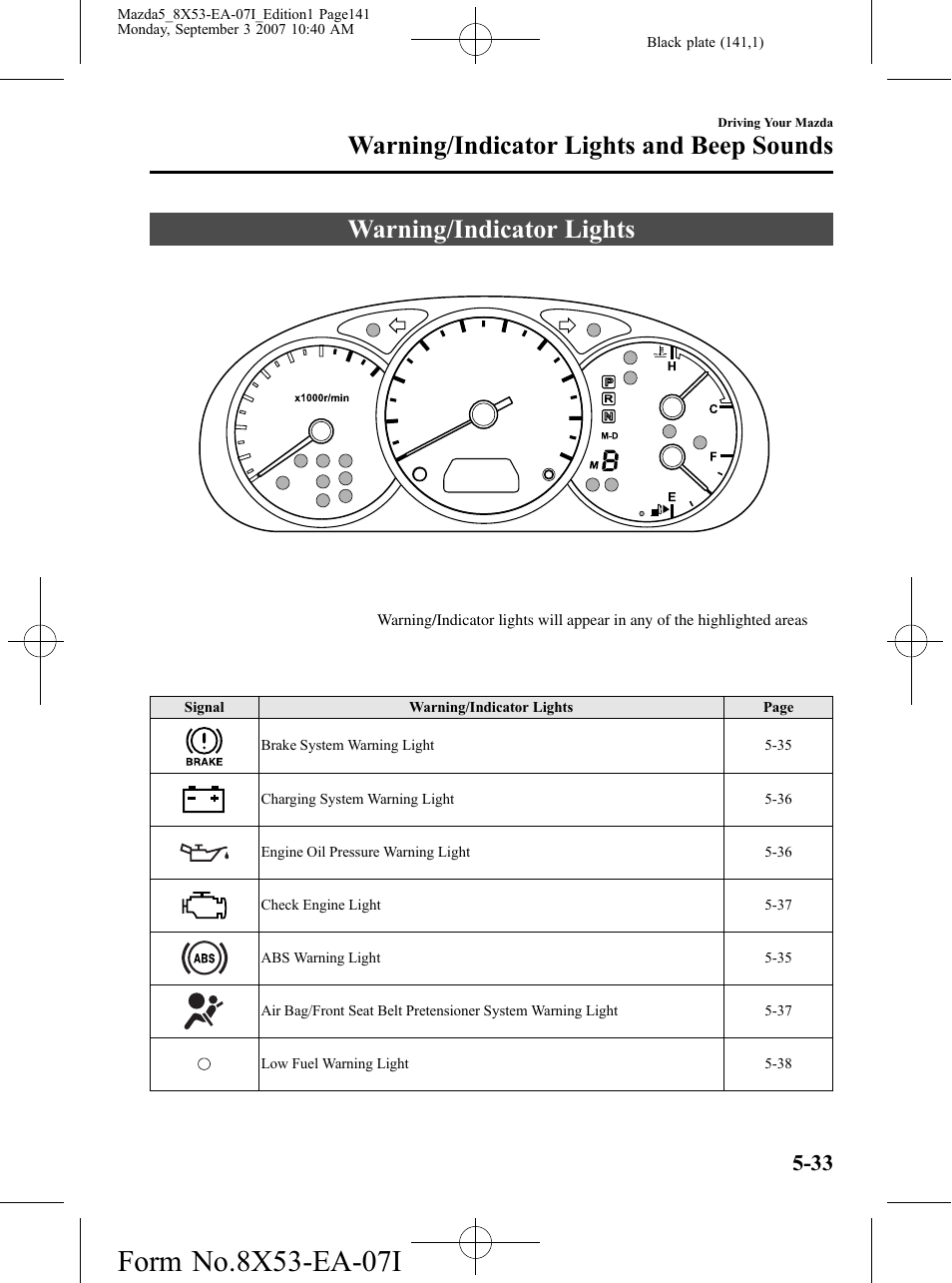 Warning/indicator lights and beep sounds, Warning/indicator lights, Warning/indicator lights and beep sounds -33 | Warning/indicator lights -33 | Mazda 2008 5 User Manual | Page 141 / 376