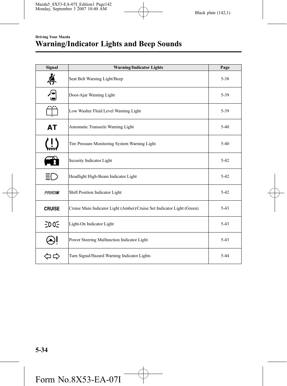 Warning/indicator lights and beep sounds | Mazda 2008 5 User Manual | Page 142 / 376