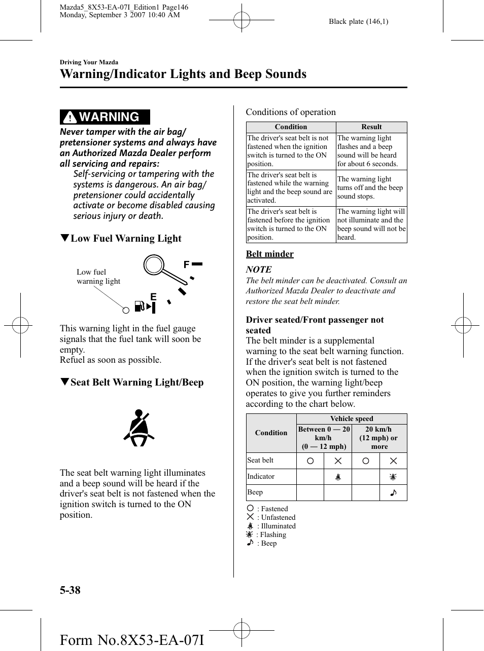 Warning/indicator lights and beep sounds, Warning | Mazda 2008 5 User Manual | Page 146 / 376