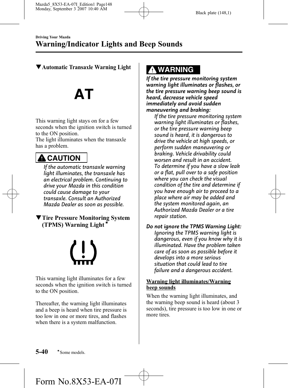 Warning/indicator lights and beep sounds, Caution, Warning | Mazda 2008 5 User Manual | Page 148 / 376
