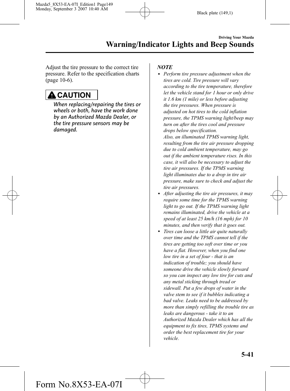 Warning/indicator lights and beep sounds, Caution | Mazda 2008 5 User Manual | Page 149 / 376