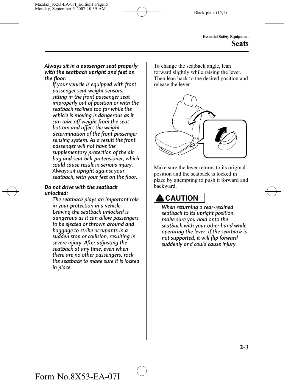 Seats, Caution | Mazda 2008 5 User Manual | Page 15 / 376