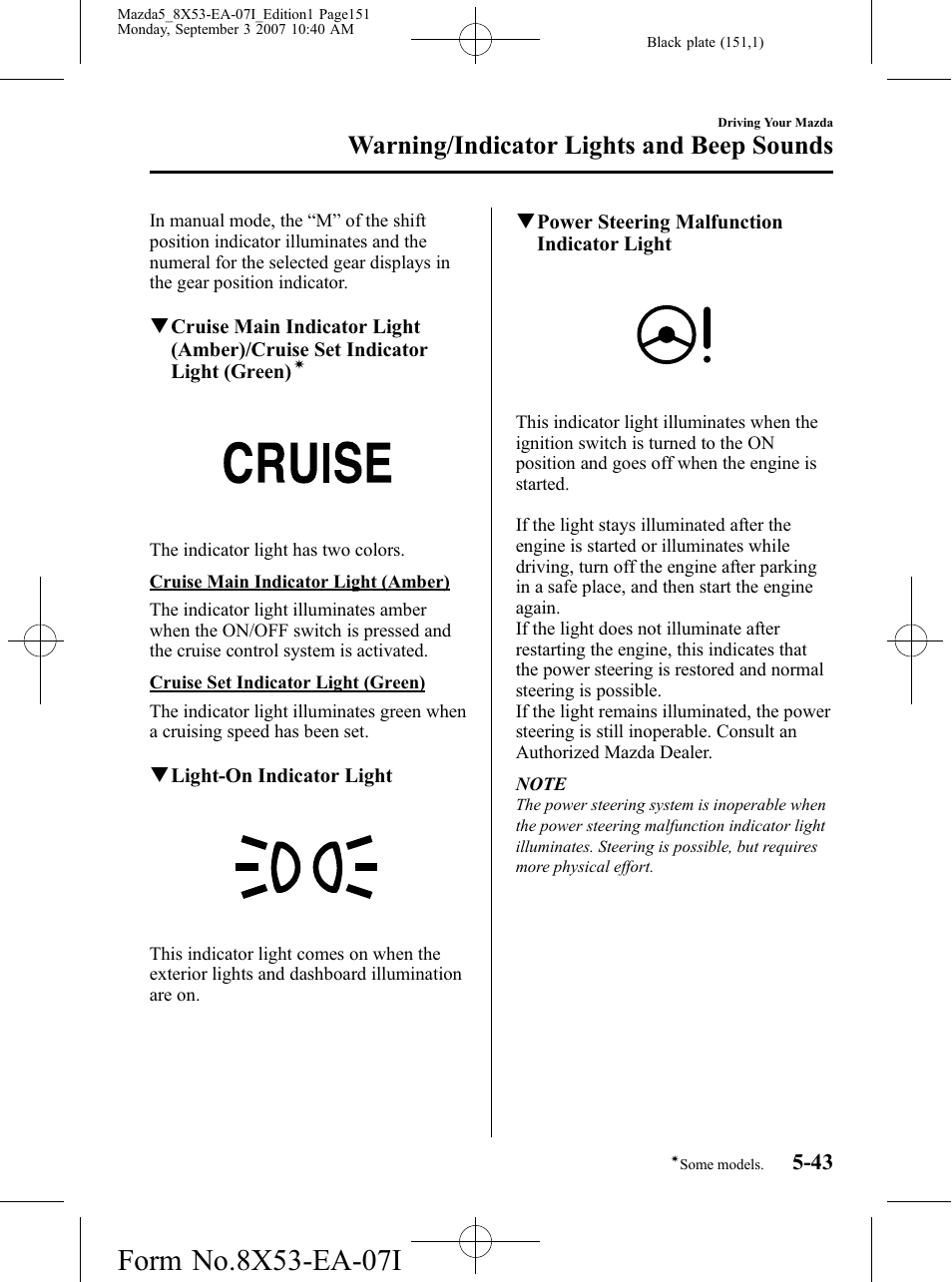 Warning/indicator lights and beep sounds | Mazda 2008 5 User Manual | Page 151 / 376