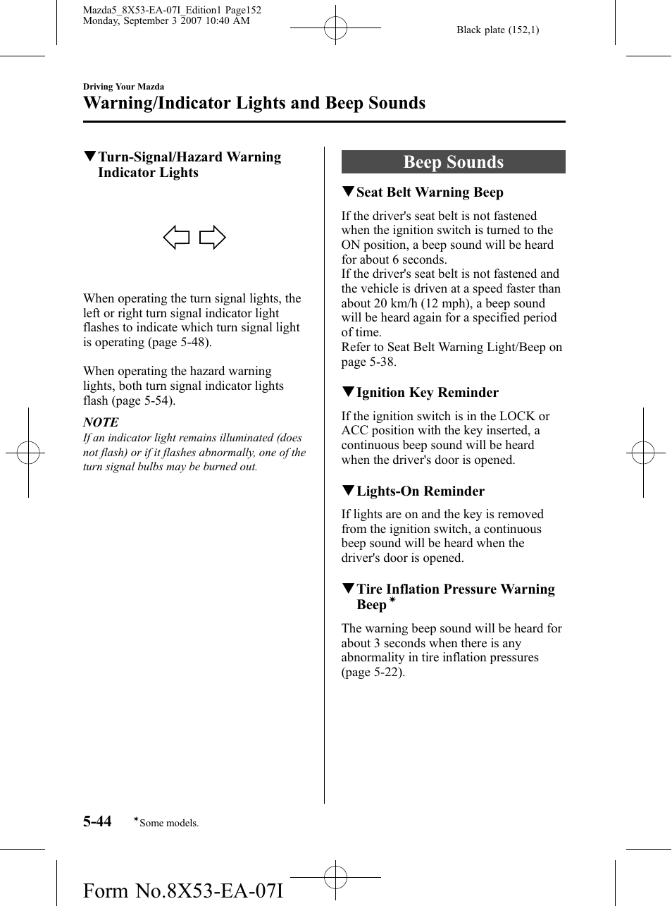 Beep sounds, Beep sounds -44, Warning/indicator lights and beep sounds | Mazda 2008 5 User Manual | Page 152 / 376