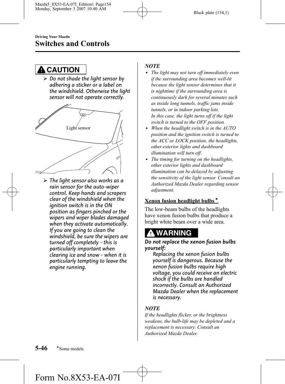 Switches and controls, Caution, Warning | Mazda 2008 5 User Manual | Page 154 / 376