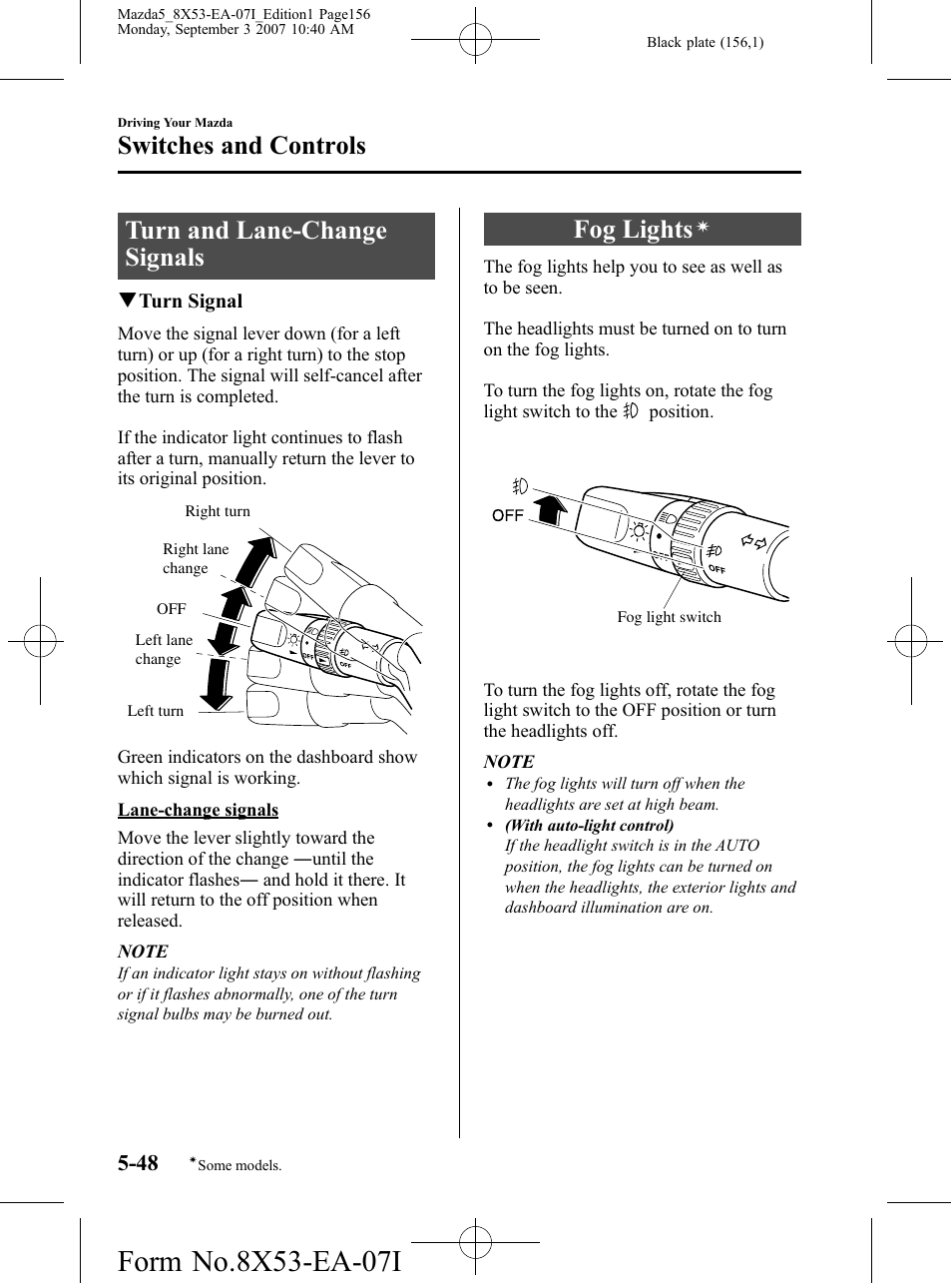 Turn and lane-change signals, Fog lights, Turn and lane-change signals -48 fog lights | Switches and controls | Mazda 2008 5 User Manual | Page 156 / 376