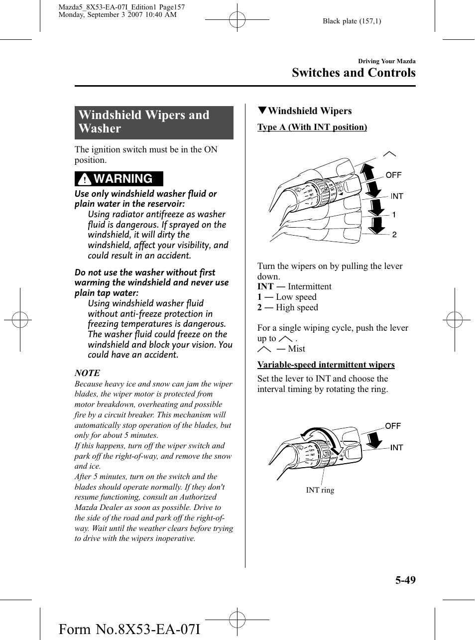 Windshield wipers and washer, Windshield wipers and washer -49, Switches and controls | Warning | Mazda 2008 5 User Manual | Page 157 / 376