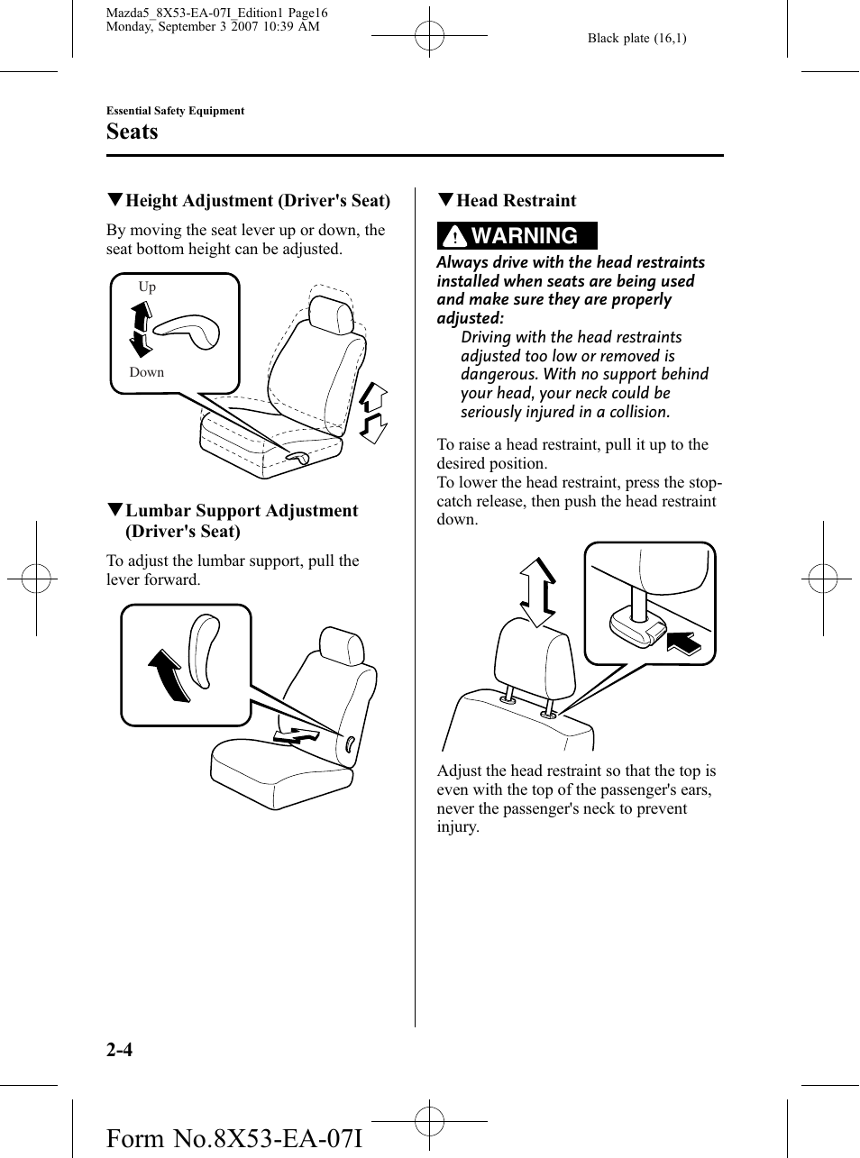 Seats, Warning | Mazda 2008 5 User Manual | Page 16 / 376