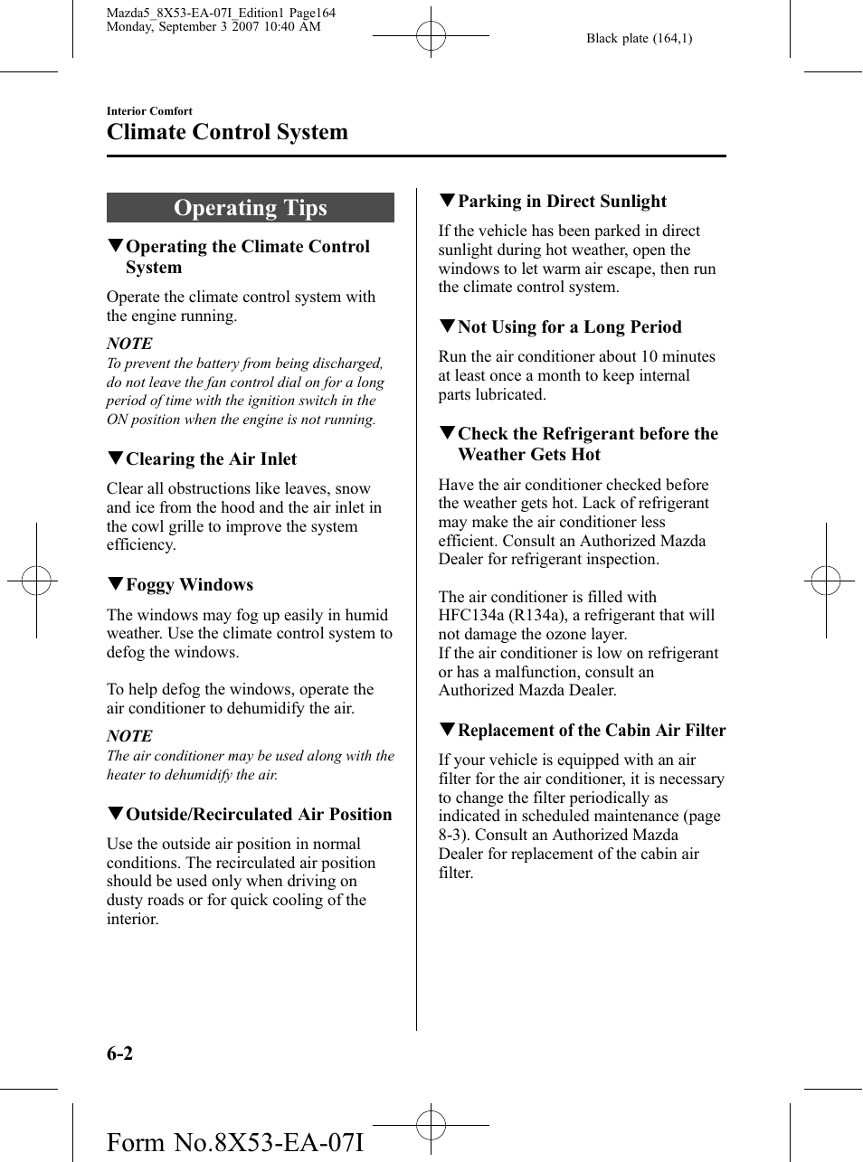 Climate control system, Operating tips, Climate control system -2 | Operating tips -2 | Mazda 2008 5 User Manual | Page 164 / 376