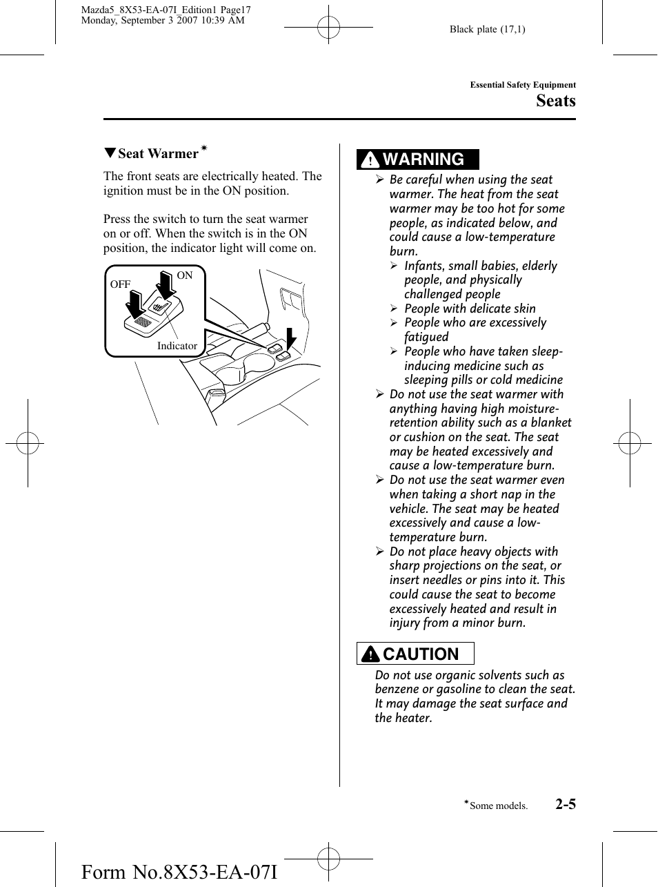 Seats, Warning, Caution | Mazda 2008 5 User Manual | Page 17 / 376