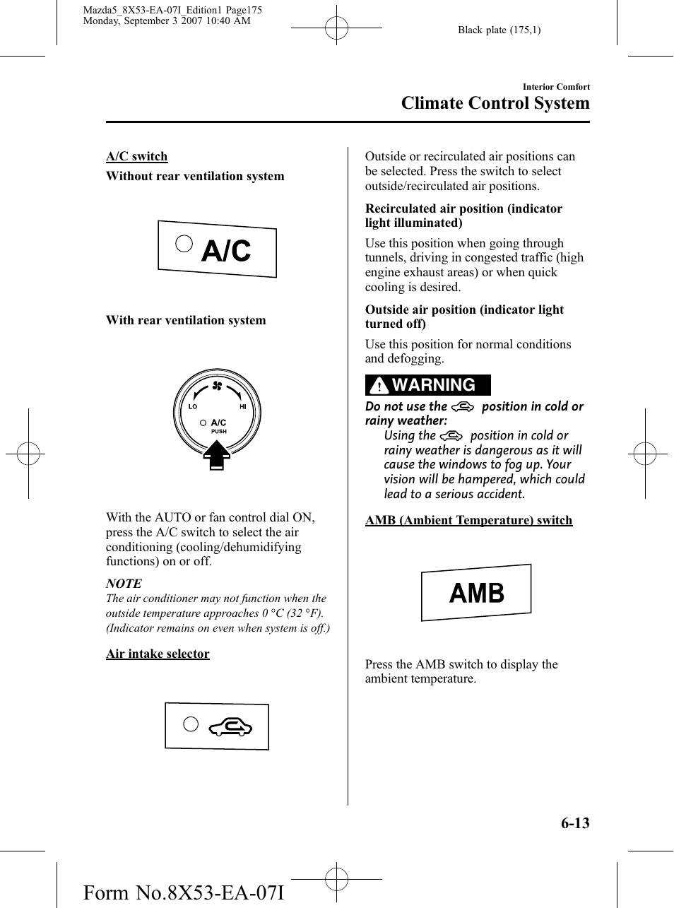 Climate control system, Warning | Mazda 2008 5 User Manual | Page 175 / 376