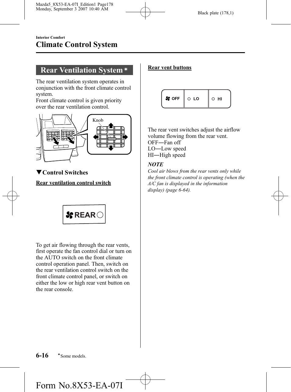 Rear ventilation system, Climate control system | Mazda 2008 5 User Manual | Page 178 / 376