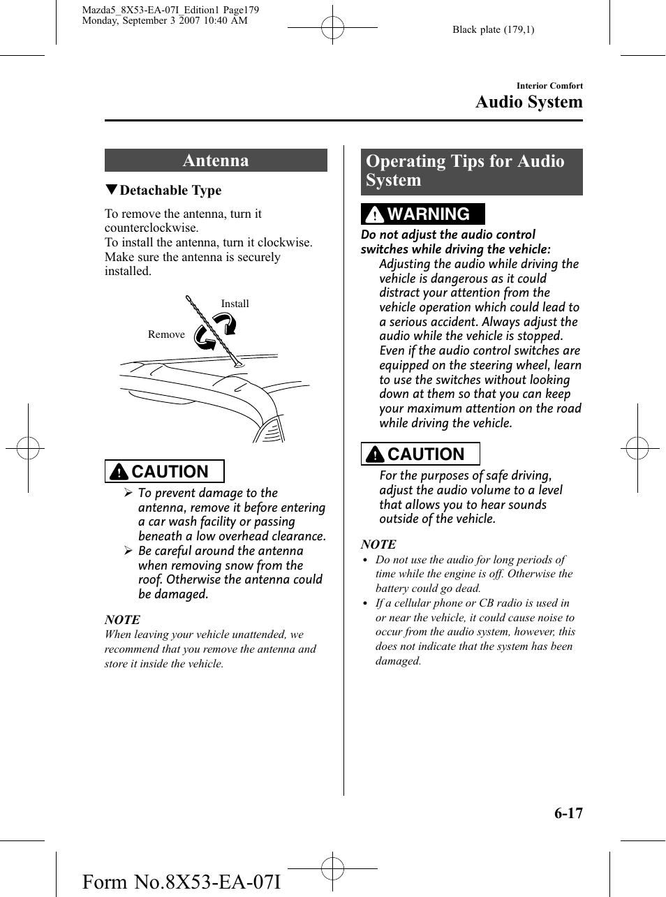 Audio system, Antenna, Operating tips for audio system | Audio system -17, Antenna -17 operating tips for audio system -17, Caution, Warning | Mazda 2008 5 User Manual | Page 179 / 376