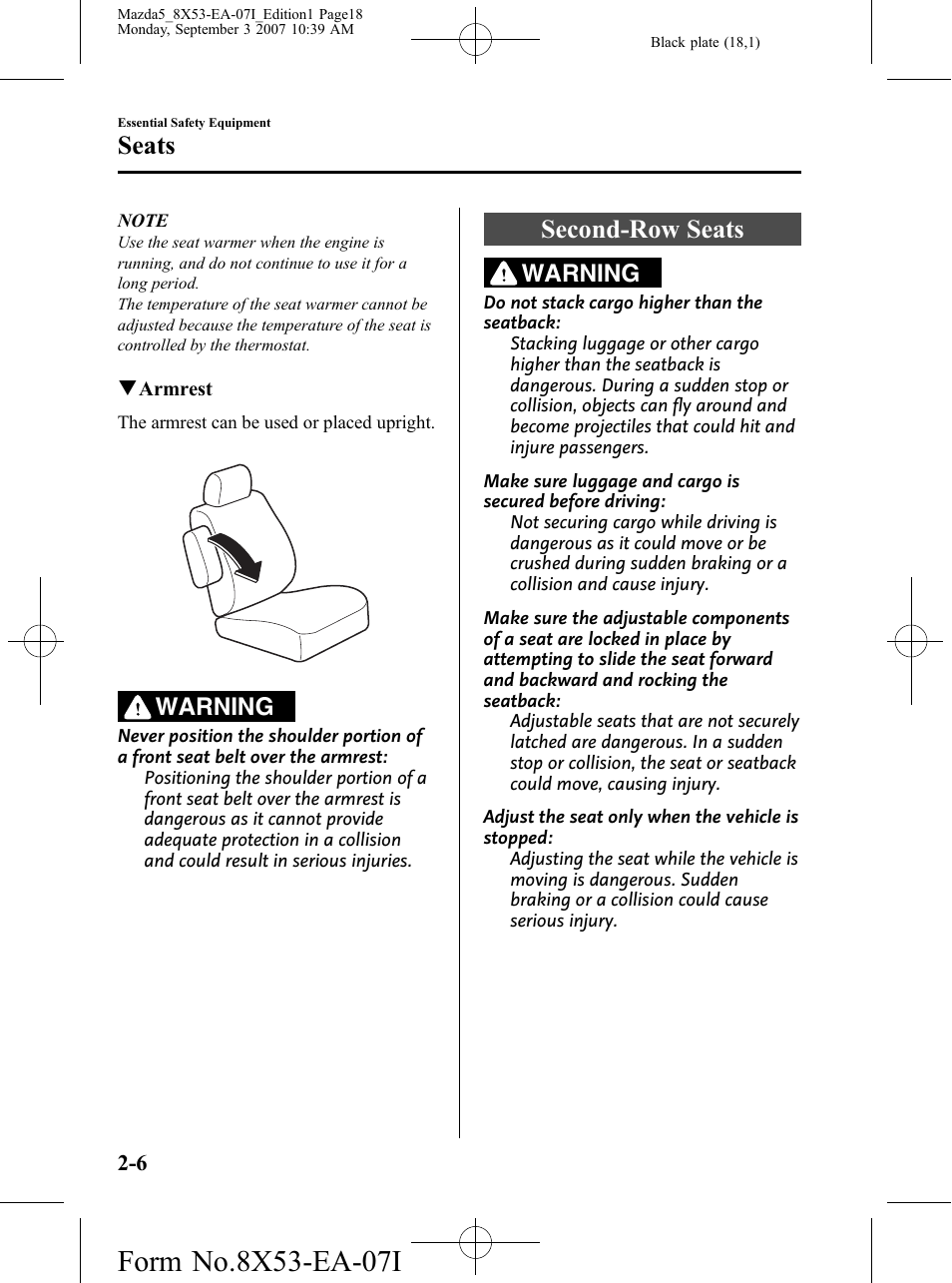 Second-row seats, Second-row seats -6, Seats | Warning | Mazda 2008 5 User Manual | Page 18 / 376