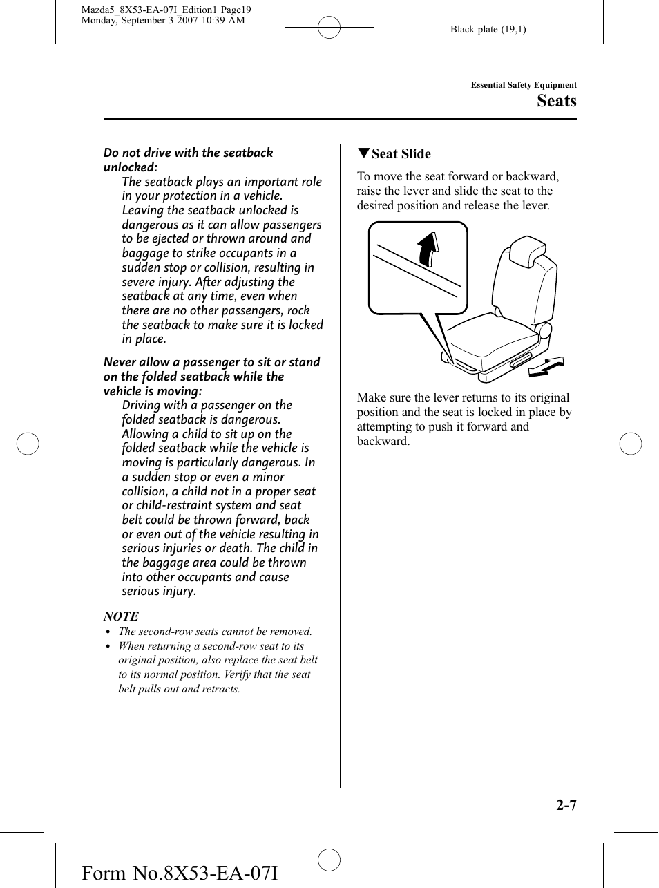 Seats | Mazda 2008 5 User Manual | Page 19 / 376