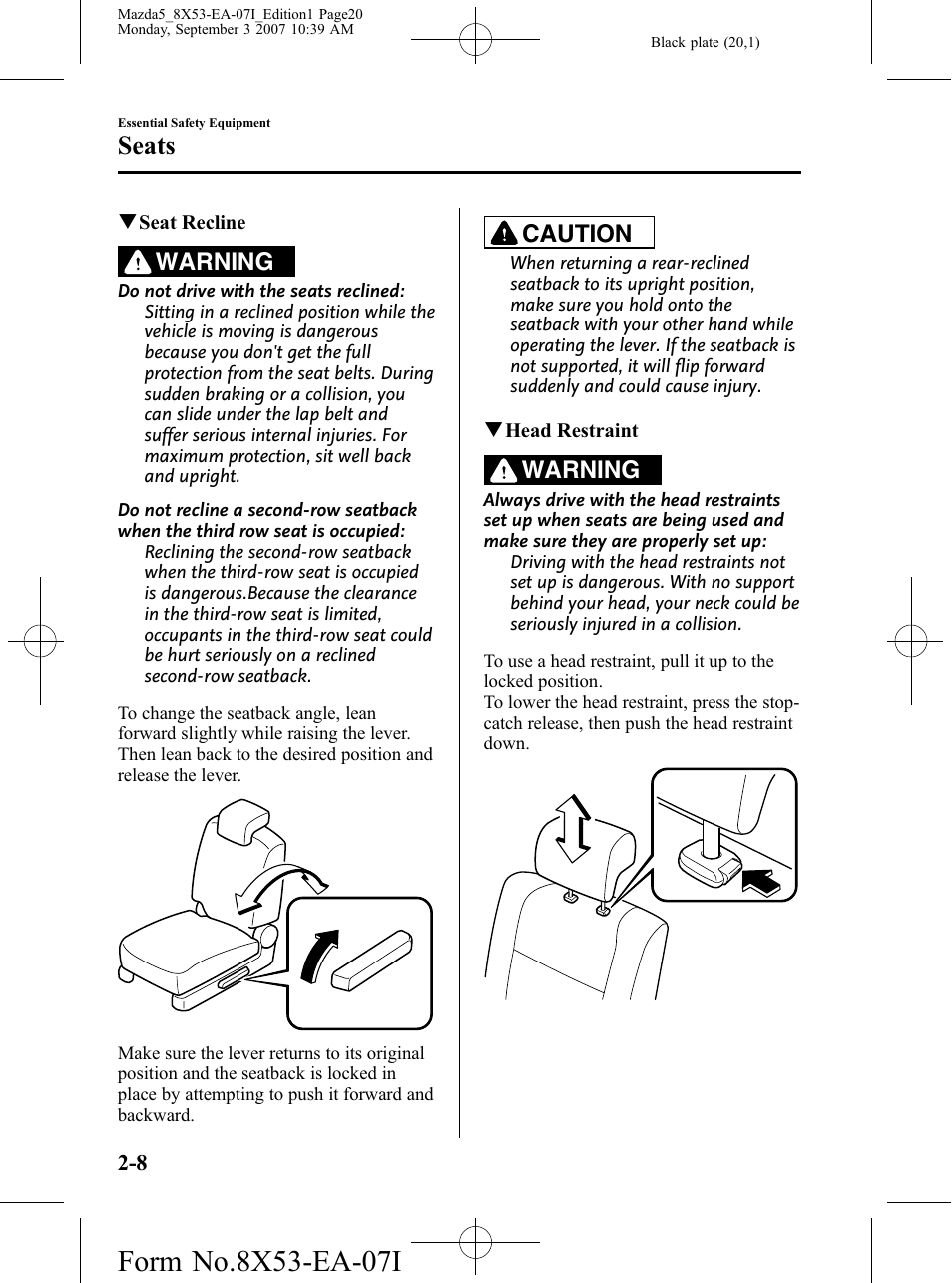 Seats, Warning, Caution | Mazda 2008 5 User Manual | Page 20 / 376