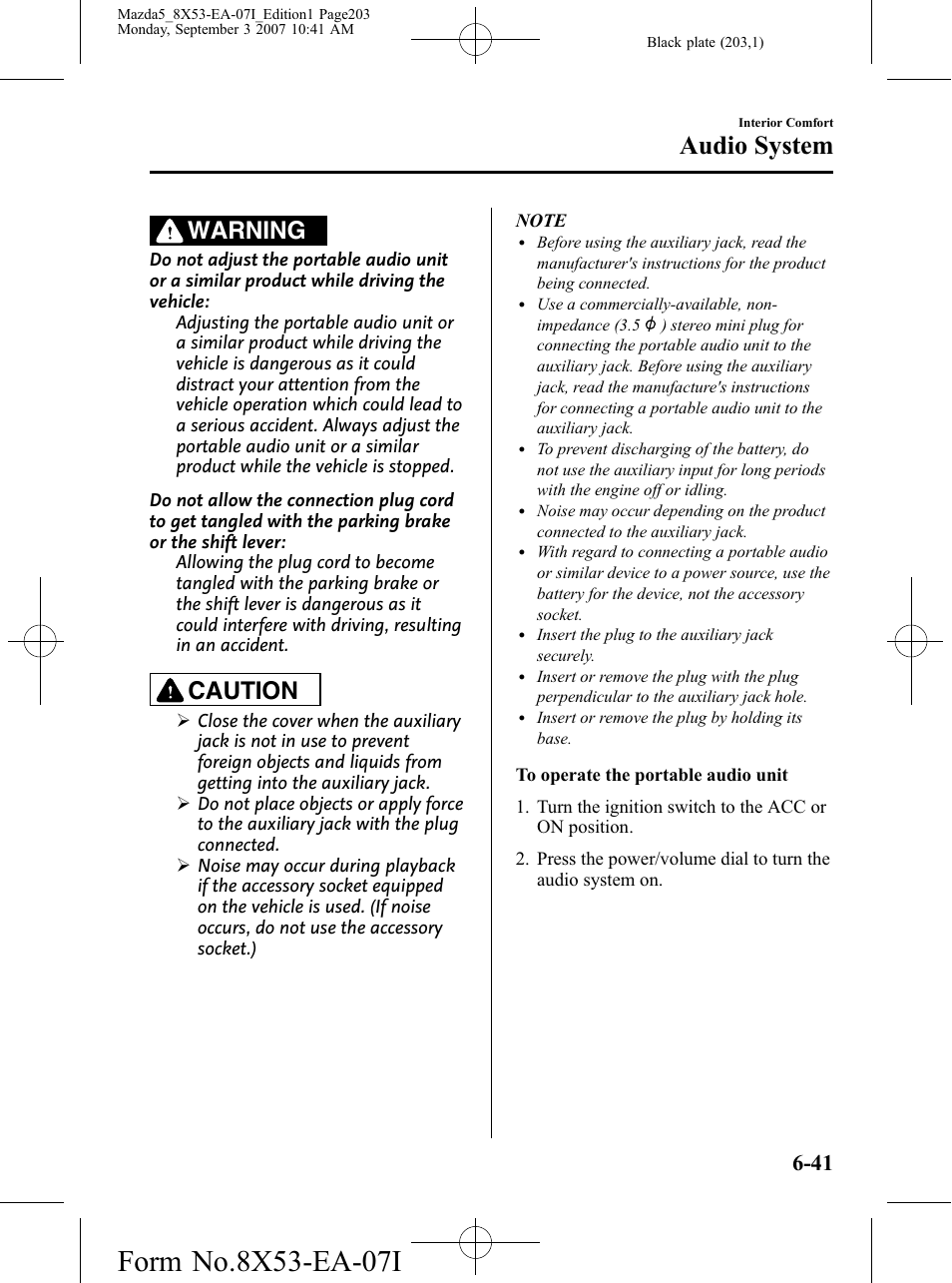 Audio system, Warning, Caution | Mazda 2008 5 User Manual | Page 203 / 376