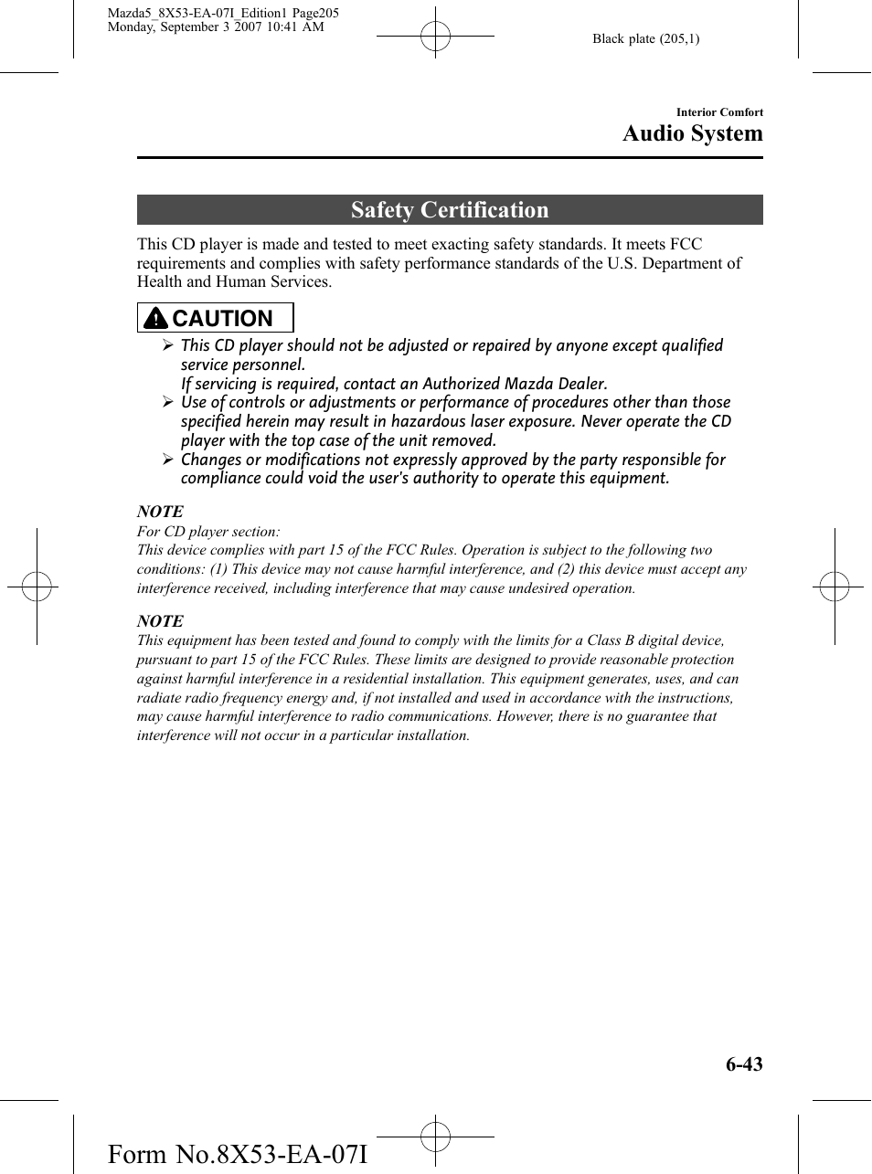 Safety certification, Safety certification -43, Audio system | Caution | Mazda 2008 5 User Manual | Page 205 / 376