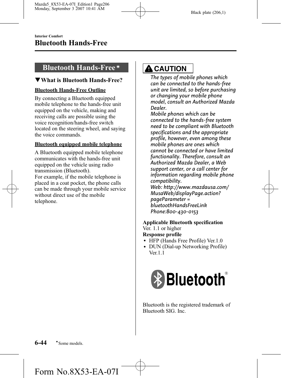 Bluetooth hands-free, Bluetooth hands-free -44, Caution | Mazda 2008 5 User Manual | Page 206 / 376