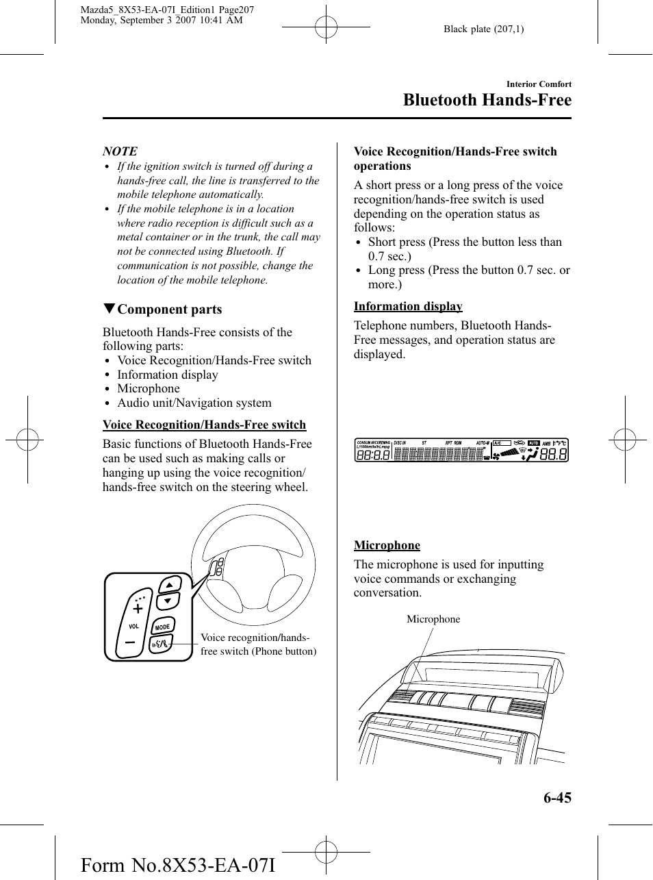 Bluetooth hands-free, Qcomponent parts | Mazda 2008 5 User Manual | Page 207 / 376