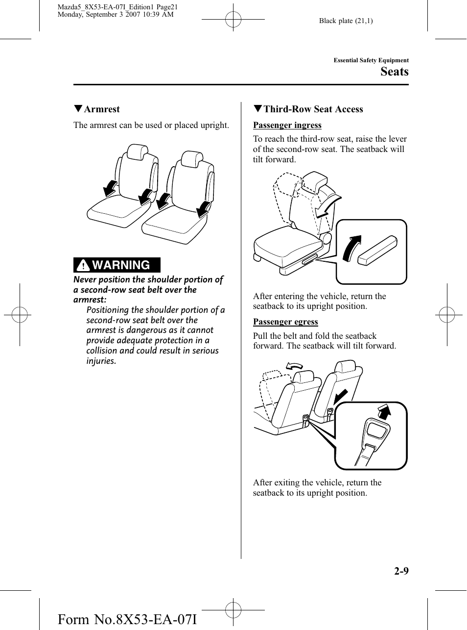 Seats, Warning | Mazda 2008 5 User Manual | Page 21 / 376